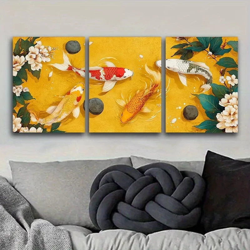 3pcs Koi Fish In A Pond Of Stones And Flowers   Wall Art Set Canvas Framed 40x60cm - High Quality Print 100% Australian Made Wall Canvas Ready to Hang