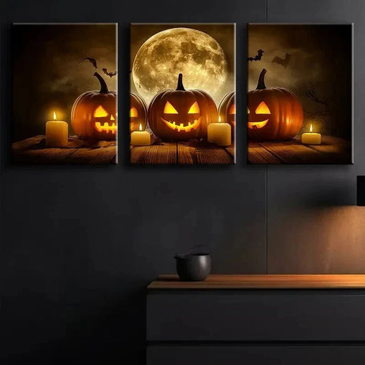 3pcs Spooky Jack-O'-Lanterns & Moonlit Night Metal Print Ready to Hang Art