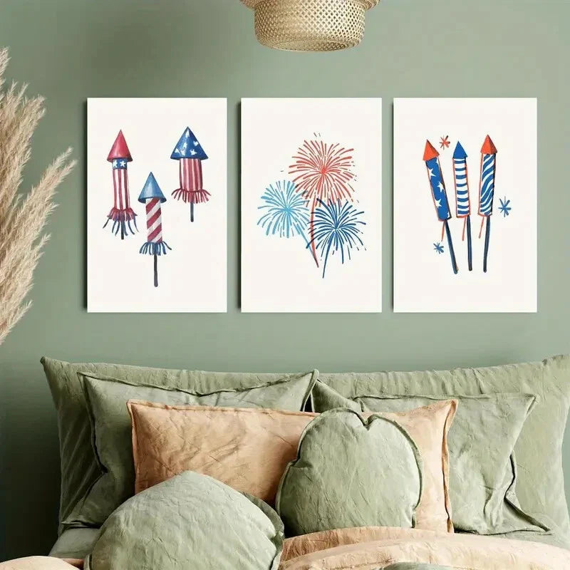3pcs Red, Blue & White Patriotic Fireworks Metal Print Ready to Hang Art