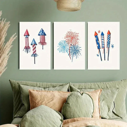 3pcs Red, Blue & White Patriotic Fireworks Metal Print Ready to Hang Art