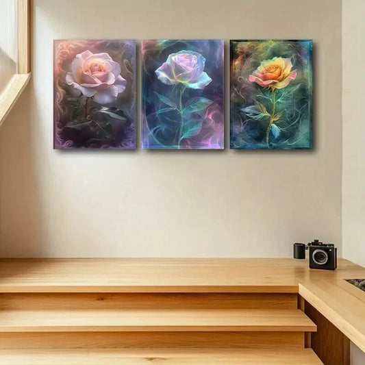 3pcs Magical Roses Design Metal Print Ready to Hang Art