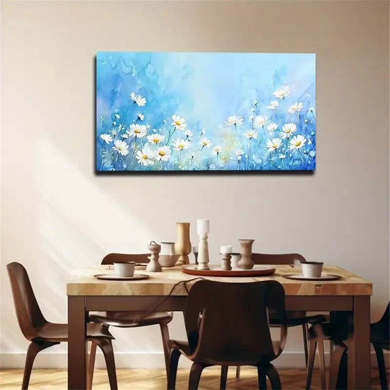 Daisies Against A Blue Wall Art Canvas Office Home Room Framed 120x60cm