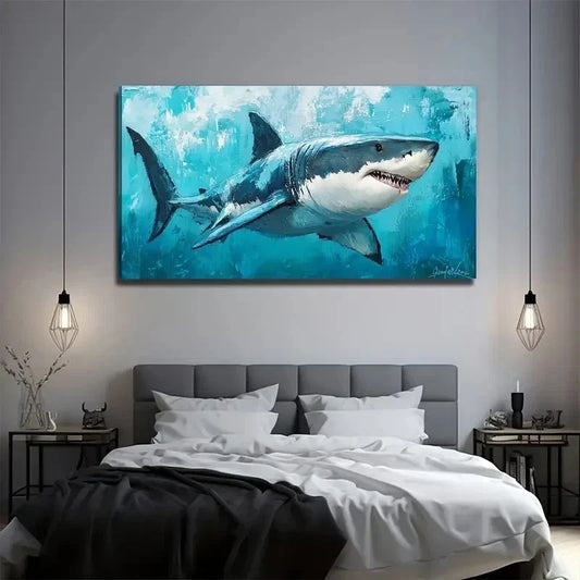 Vibrant Large White Shark Wall Art Canvas Office Home Room Framed 120x60cm