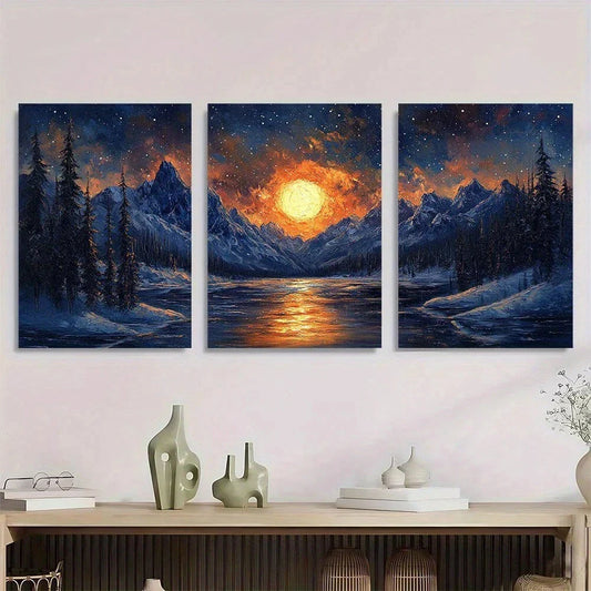 3pcs Starry Sky Sunshine Snow Mountains Metal Print Ready to Hang Art