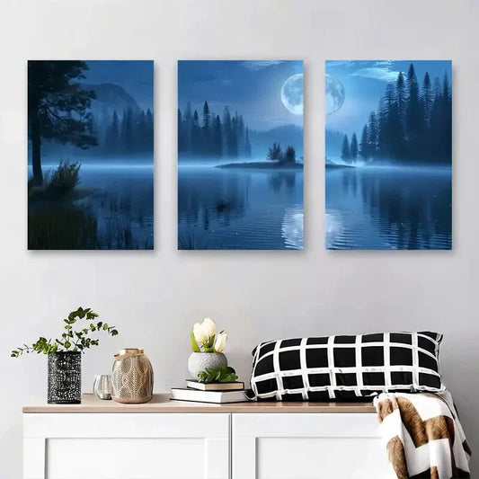 3pcs Serene Blue Water & Full Moon Landscape Metal Print Ready to Hang Art