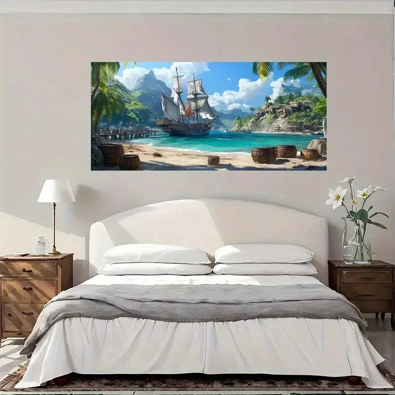 Pirate Ship Docked Tropical Wall Art Canvas Office Home Room Framed 120x60cm
