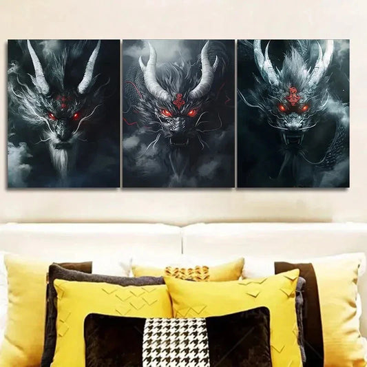 3pcs Silver Metal Dragon, Wall Art Set Canvas Framed 40x60cm - High Quality Print 100% Australian Made Wall Canvas Ready to Hang