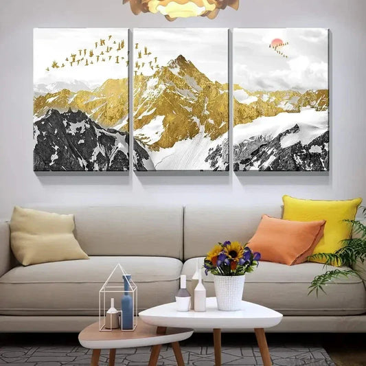 3pcs  Black and White with Golden Birds Metal Print Ready to Hang Art