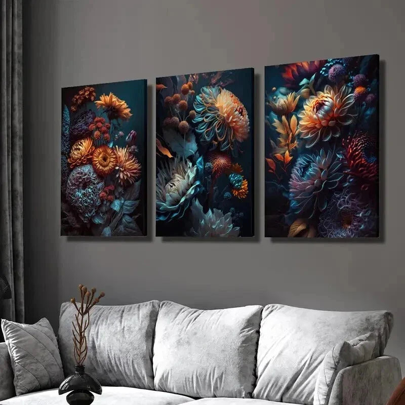 3pcs Colorful Retro Gorgeous Chrysanthemums Wall Art Set Canvas Framed 40x60cm - High Quality Print 100% Australian Made Wall Canvas Ready to Hang