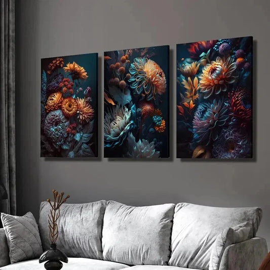 3pcs Colorful Retro Gorgeous Chrysanthemums Wall Art Set Canvas Framed 40x60cm - High Quality Print 100% Australian Made Wall Canvas Ready to Hang