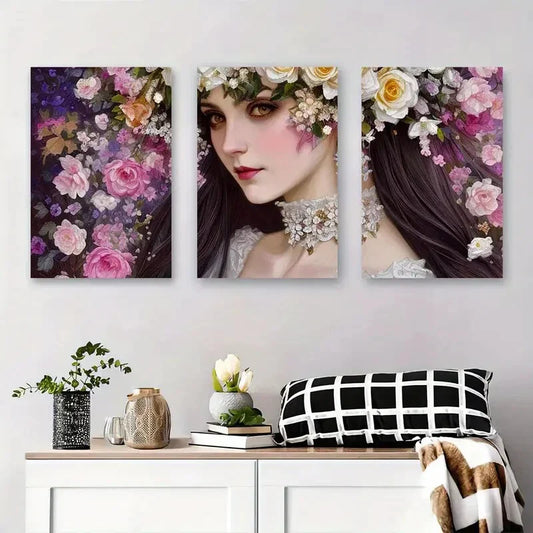 3pcs Elegant Floral Crowned Beauty Woman Metal Print Ready to Hang Art
