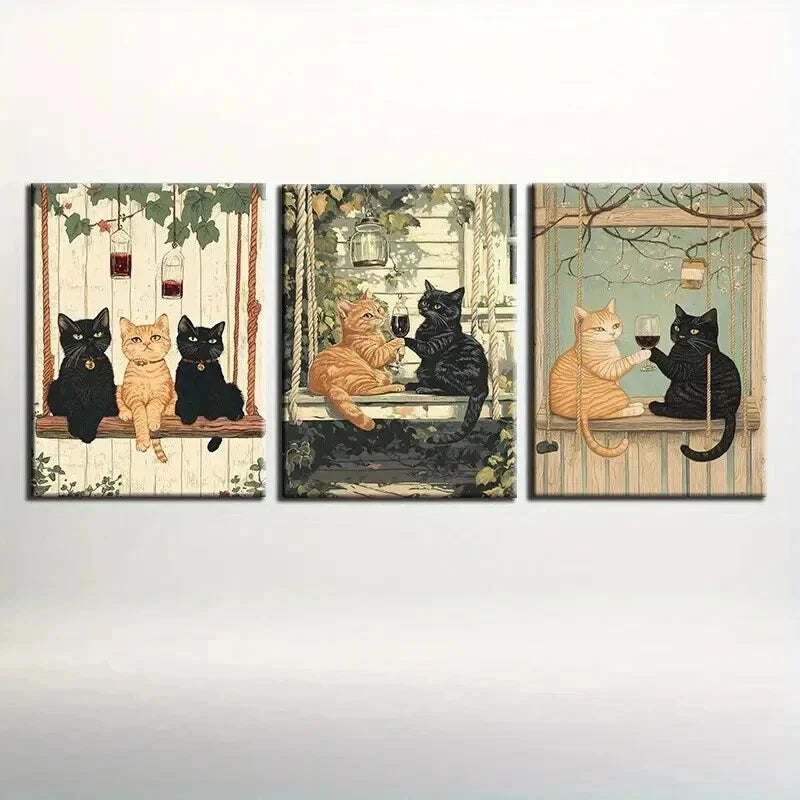 3pcs Contemporary Cat Illustrations Wall Art Set Canvas Framed 40x60cm - High Quality Print 100% Australian Made Wall Canvas Ready to Hang
