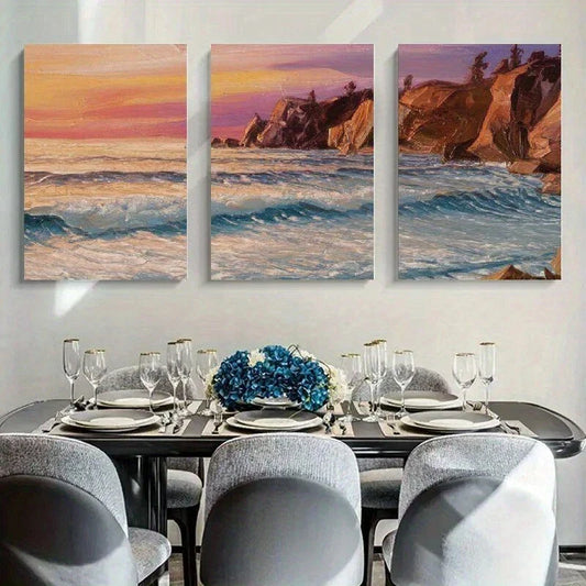 3pcs Sea View Brown Mountain Waves Metal Print Ready to Hang Art
