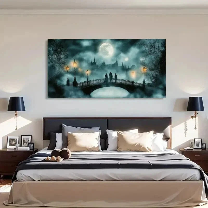 Moonlit Bridge Night Scene Wall Art Canvas Office Home Room Framed 120x60cm