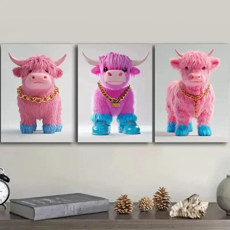 3pcs Pink Highland Cattle  Wall Art Set Canvas Framed 40x60cm - High Quality Print 100% Australian Made Wall Canvas Ready to Hang
