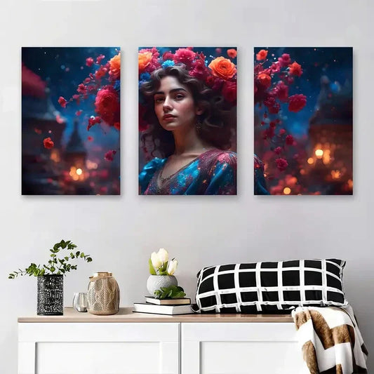 3pcs Ethereal Floral Crowned Woman Metal Print Ready to Hang Art