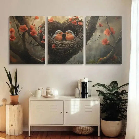 3pcs Heart-Shaped Tree Trunk with Youngsters Robin Metal Print Ready to Hang Art