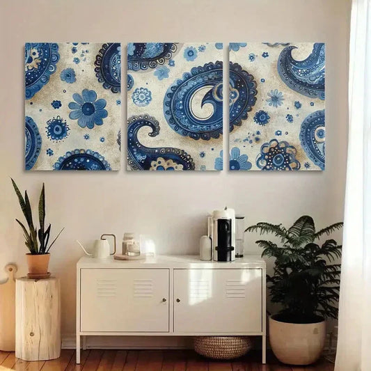 3pcs Seamless Turquoise Paisley Floral & Blue Wall Art Set Canvas Framed 40x60cm - High Quality Print 100% Australian Made Wall Canvas Ready to Hang