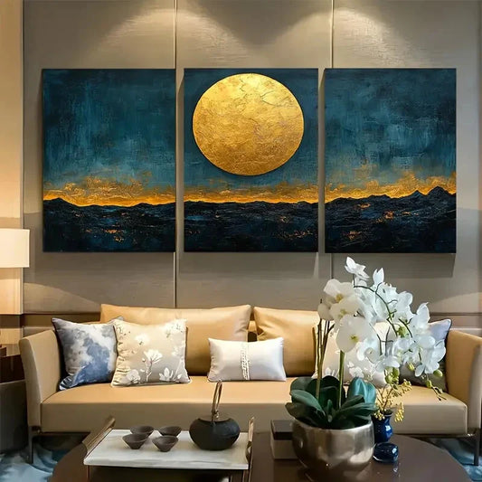 3pcs Golden Moon on Indigo Night Sky Metal Print Ready to Hang Art