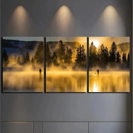 3pcs Two People Fishing at the Lake Wall Art Set Canvas Framed 40x60cm - High Quality Print 100% Australian Made Wall Canvas Ready to Hang