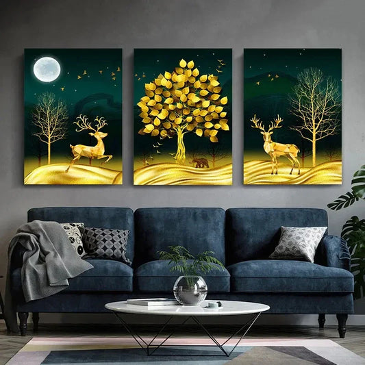 3pcs Golden Deer Tree Modern Nature Metal Print Ready to Hang Art