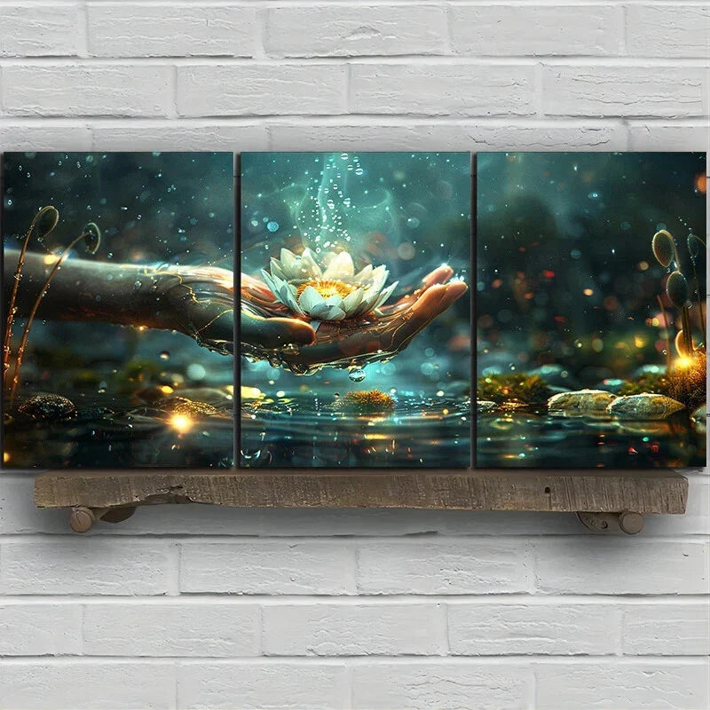 3pcs Flower On Palm Nature White Metal Print Ready to Hang Art