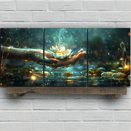 3pcs Flower On Palm Nature White Metal Print Ready to Hang Art