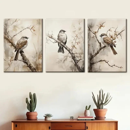 3pcs Nature Scene with Chickadee & Sparrow Metal Print Ready to Hang Art