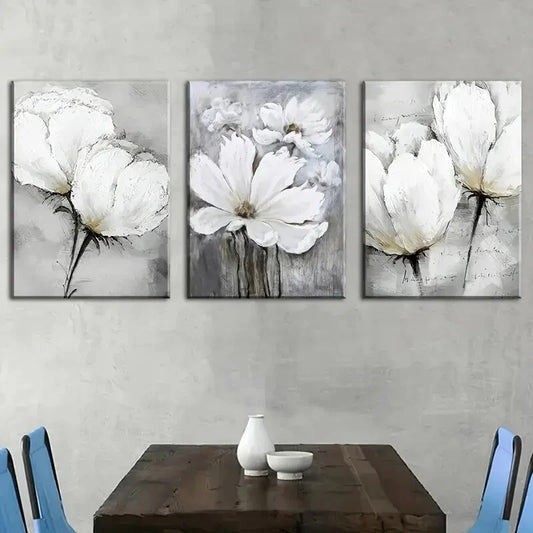 3pcs White Floral Abstract Metal Print Ready to Hang Art