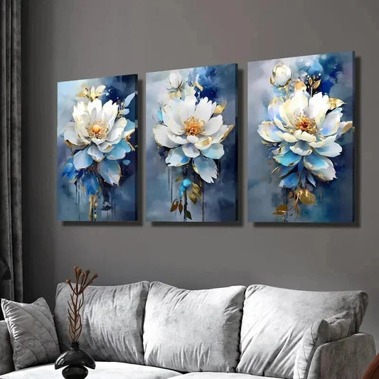 3pcs Modern Luxury Blue and White Floral Wall Art Set Canvas Framed 40x60cm - High Quality Print 100% Australian Made Wall Canvas Ready to Hang