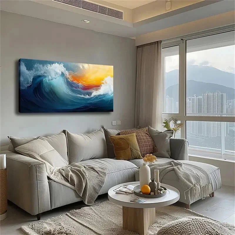 Ocean Waves Dining Area Wall Art Canvas Office Home Room Framed 120x60cm