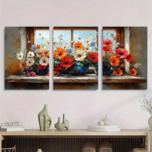 3pcs Vibrant Floral Window Sill Metal Print Ready to Hang Art