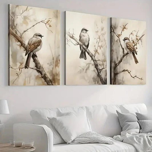 3pcs Vintage Style Bird Decoration Wall Art Set Canvas Framed 40x60cm - High Quality Print 100% Australian Made Wall Canvas Ready to Hang