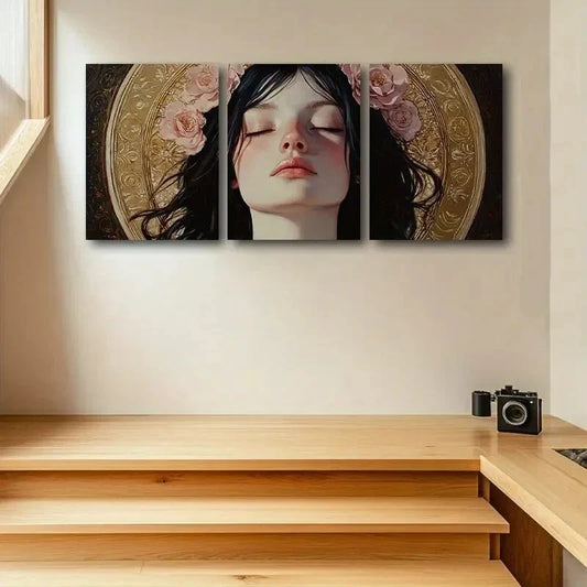 3pcs Pretty woman with Pink Floral Headdress Metal Print Ready to Hang Art