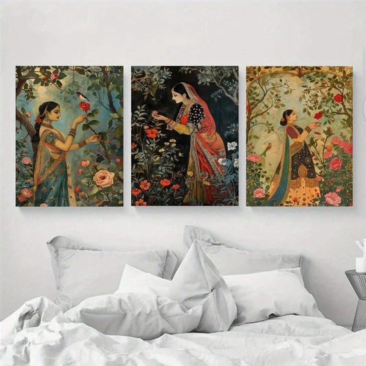 3pcs Featuring a Woman in a Garden Traditional Metal Print Ready to Hang Art