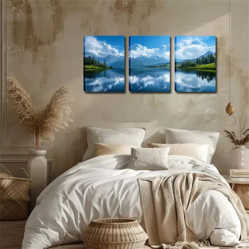 3pcs   Sky, White Clouds, Lake Wall Art Set Canvas Framed 40x60cm - High Quality Print 100% Australian Made Wall Canvas Ready to Hang