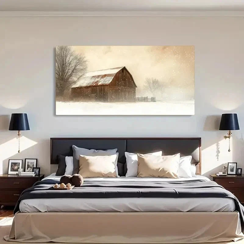 Rustic Barn Snow Cover Wall Art Canvas Office Home Room Framed 120x60cm