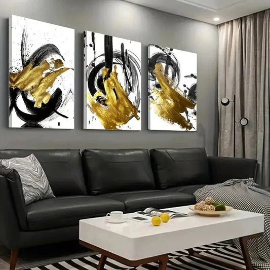 3pcs Abstract Golden Foil Decoration Wall Art Set Canvas Framed 40x60cm - High Quality Print 100% Australian Made Wall Canvas Ready to Hang