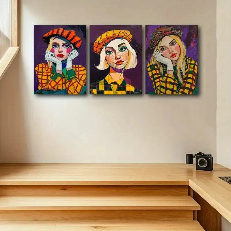 3pcs Vibrant Colorful Modern Abstract Girl Metal Print Ready to Hang Art