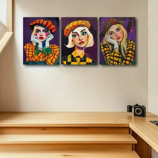 3pcs Vibrant Colorful Modern Abstract Girl Metal Print Ready to Hang Art