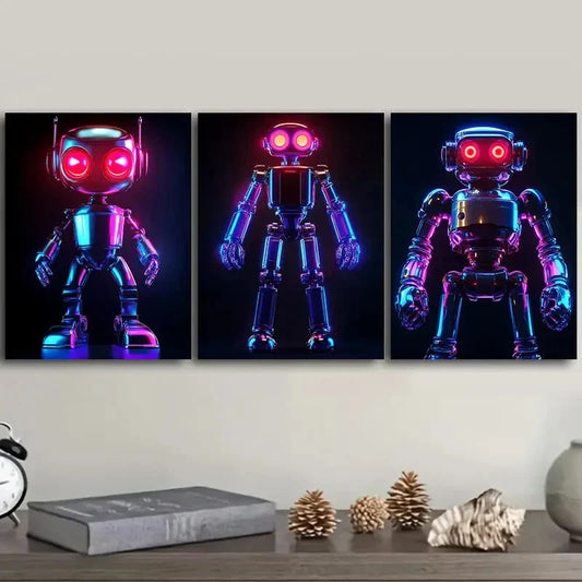 3pcs Modern Neon Robot Design Metal Print Ready to Hang Art