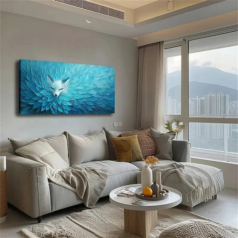 White Fox Blue Metallic Décor Wall Art Canvas Office Home Room Framed 120x60cm