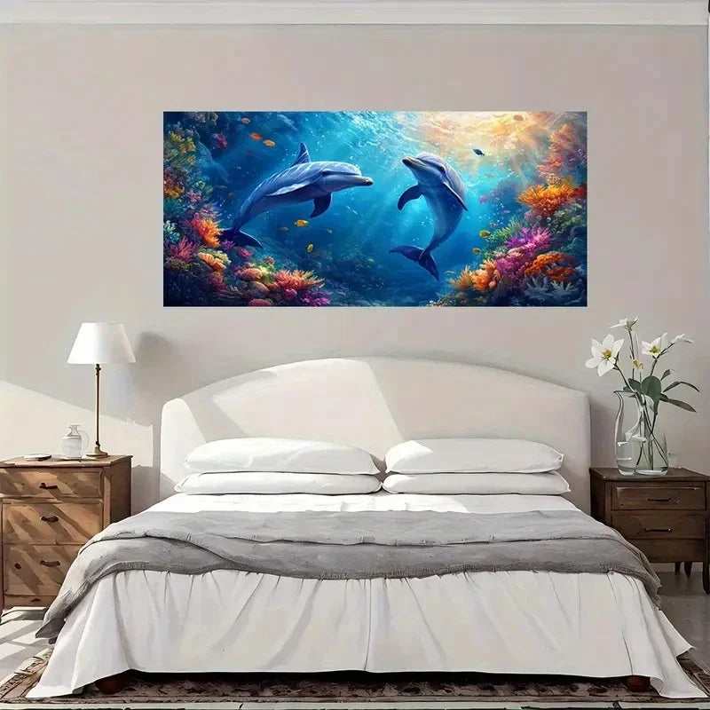 Dolphin & Coral Reef Wall Art Canvas Office Home Room Framed 120x60cm