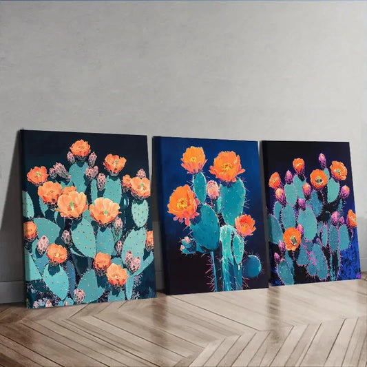 3pcs Night cactus Painting Wall Art Set Canvas Framed 40x60cm - High Quality Print 100% Australian Made Wall Canvas Ready to Hang