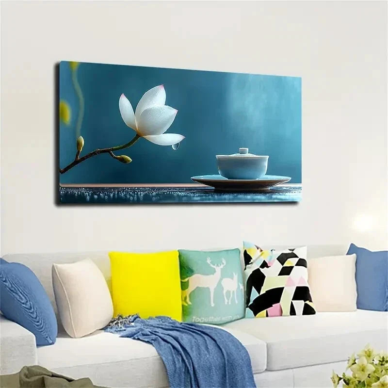Serene Blue & White Floral Wall Art Canvas Office Home Room Framed 120x60cm