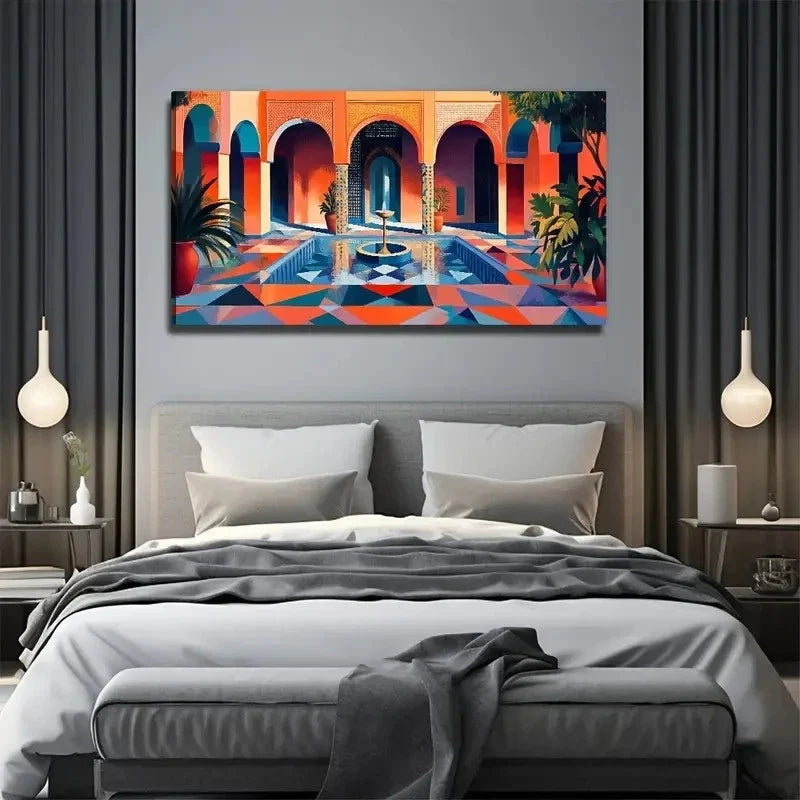 Modern Bohemian Courtyard Lands Wall Art Canvas Office Home Room Framed 80x45cm