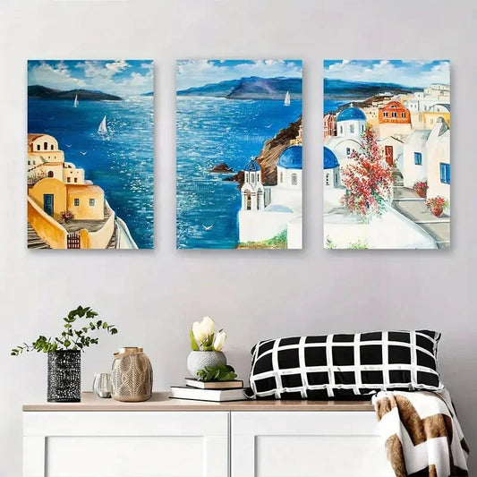 3pcs Blue Dome Architecture with Ocean Sailboats Metal Print Ready to Hang Art