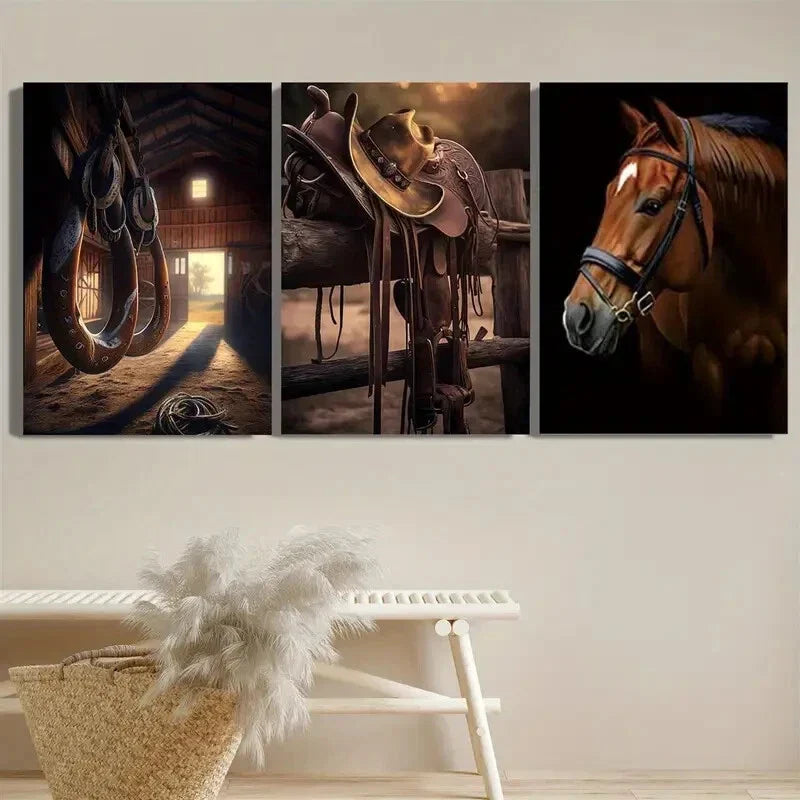3pcs Farm Cowboy Art Stable Fish Saddle Cowboy Metal Print Ready to Hang Art