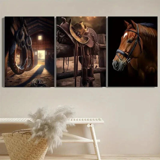 3pcs Farm Cowboy Art Stable Fish Saddle Cowboy Metal Print Ready to Hang Art