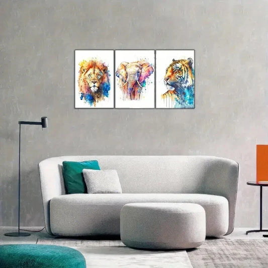 3pcs Tiger Elephant Lion Colorful Animal Metal Print Ready to Hang Art